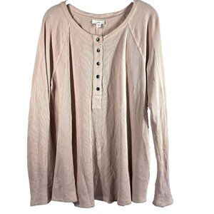 J Jill Women's Top Large Solid Pink‎ Waffle Knit Pullover Buttons Long Sleeve
